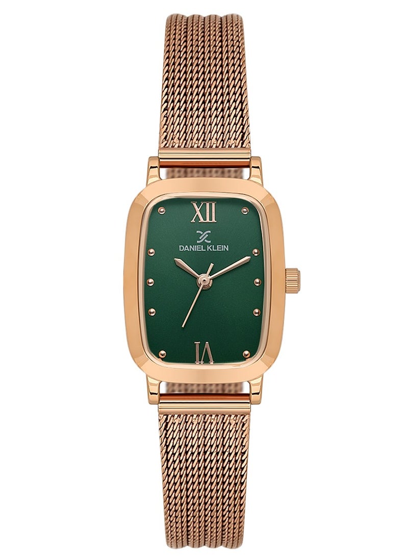 دانيل كلاين سوار شبكي نسائي | علبة من سبيكة الذهبي الوردي | تناظري | قرص مربع أخضر داكن بنمط شعاعي | كوارتز ياباني | فاخر | مقاومة للماء حتى عمق 30 مترًا - Image 1